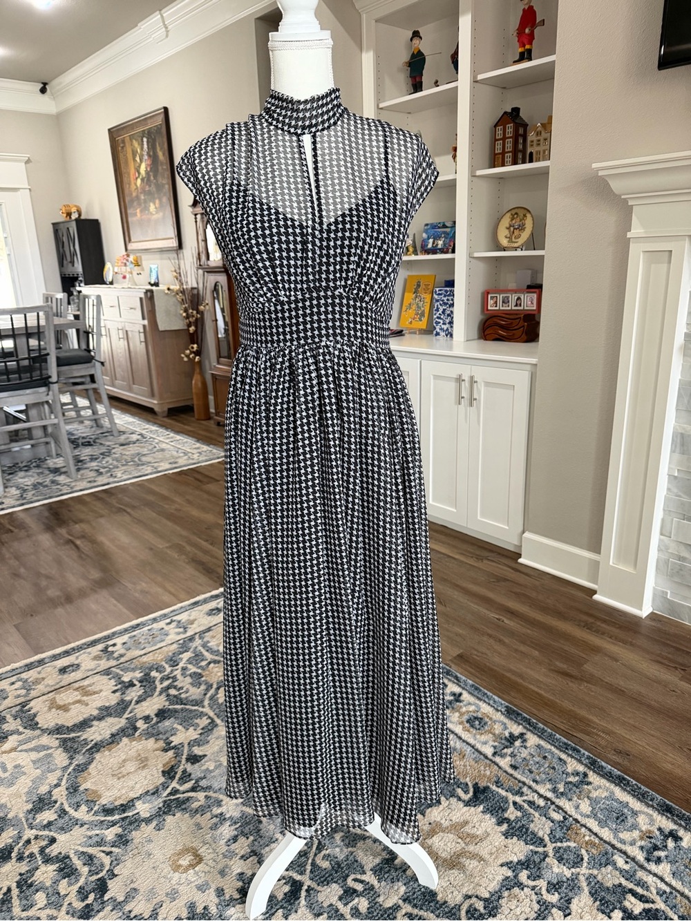 Kate Spade Black & White Houndstooth Midi Dress with High Neck